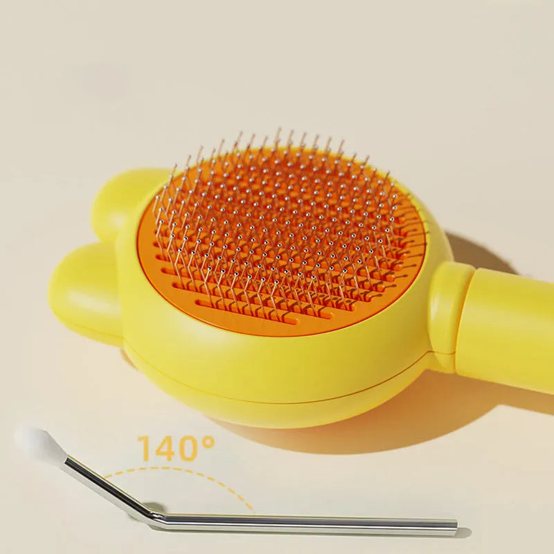 Green self-cleaning pet brush with stainless steel comb and a release button on the handle.