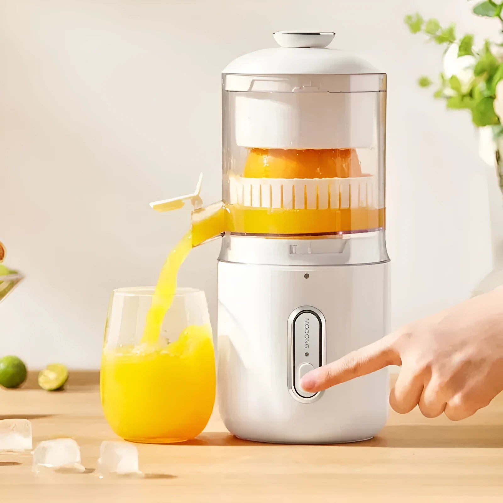 Fresh green portable wireless electric juicer with USB charging port on a kitchen counter.