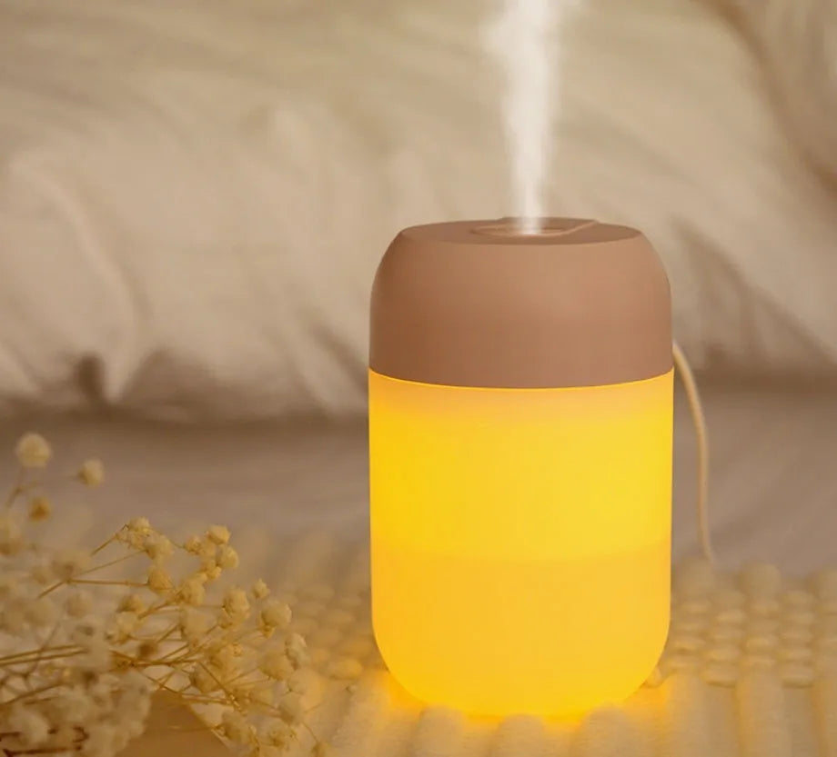 Small white cylindrical USB mini humidifier for desk or bedside use.