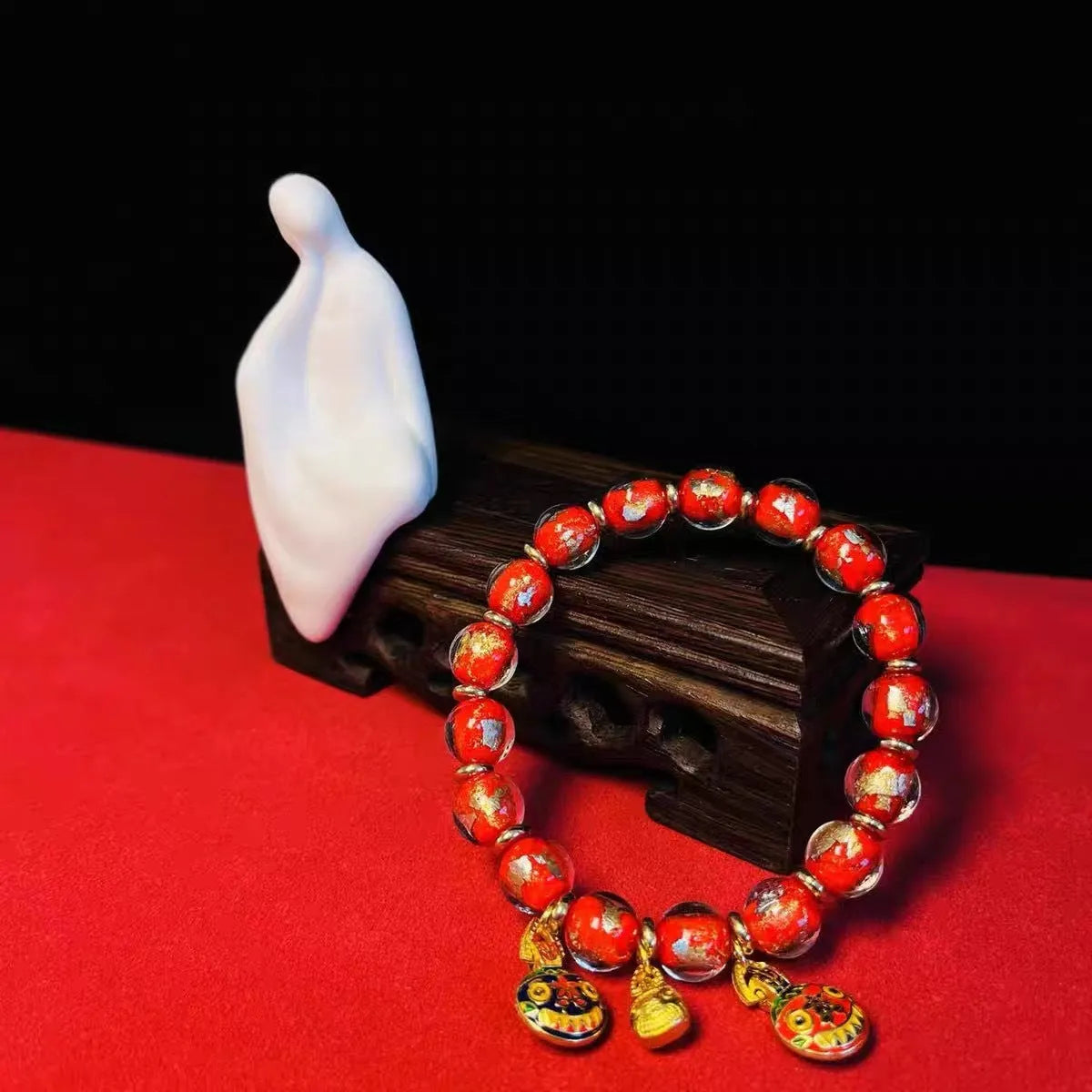 Ancient French Glaze geometric glass bead bracelet with auspicious patterns in red, purple, blue, green, black or colourful.