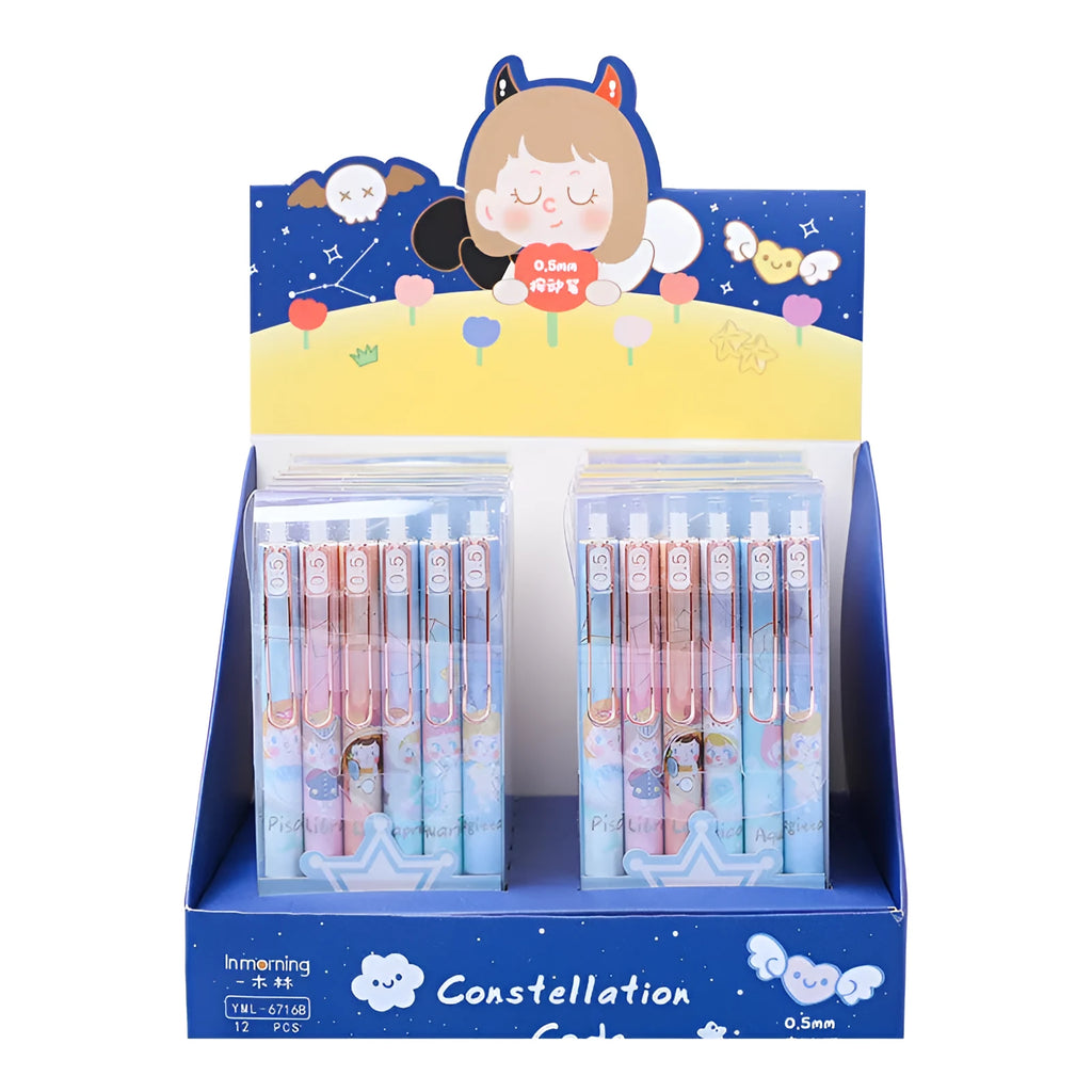 Set of six constellation-themed press gel pens with 0.5mm tips in plastic shells