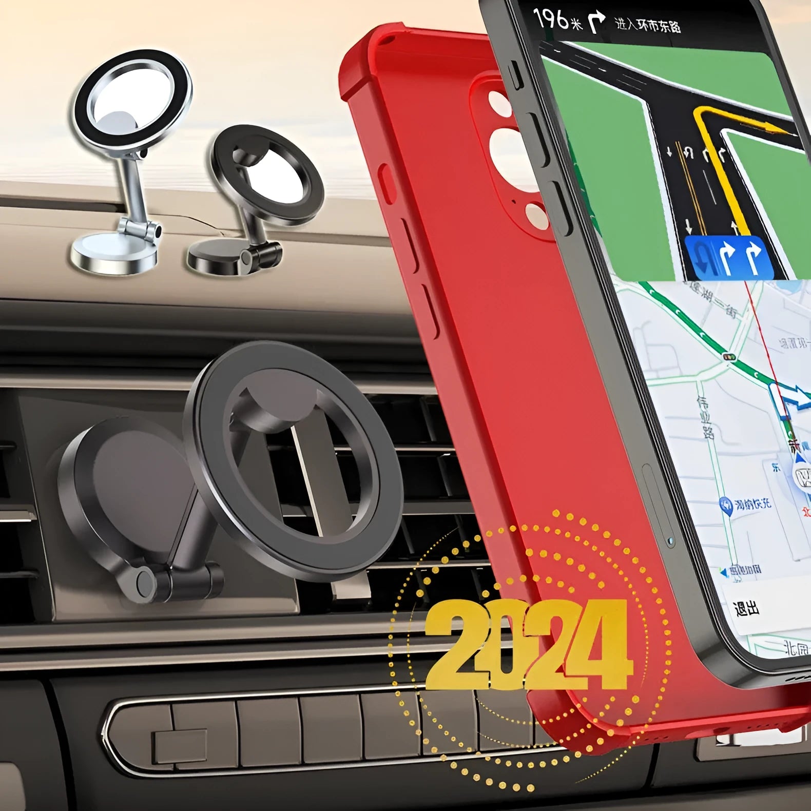 All-metal magnetic car phone mount in Qian colour, shown folded and unfolded on a car dashboard.