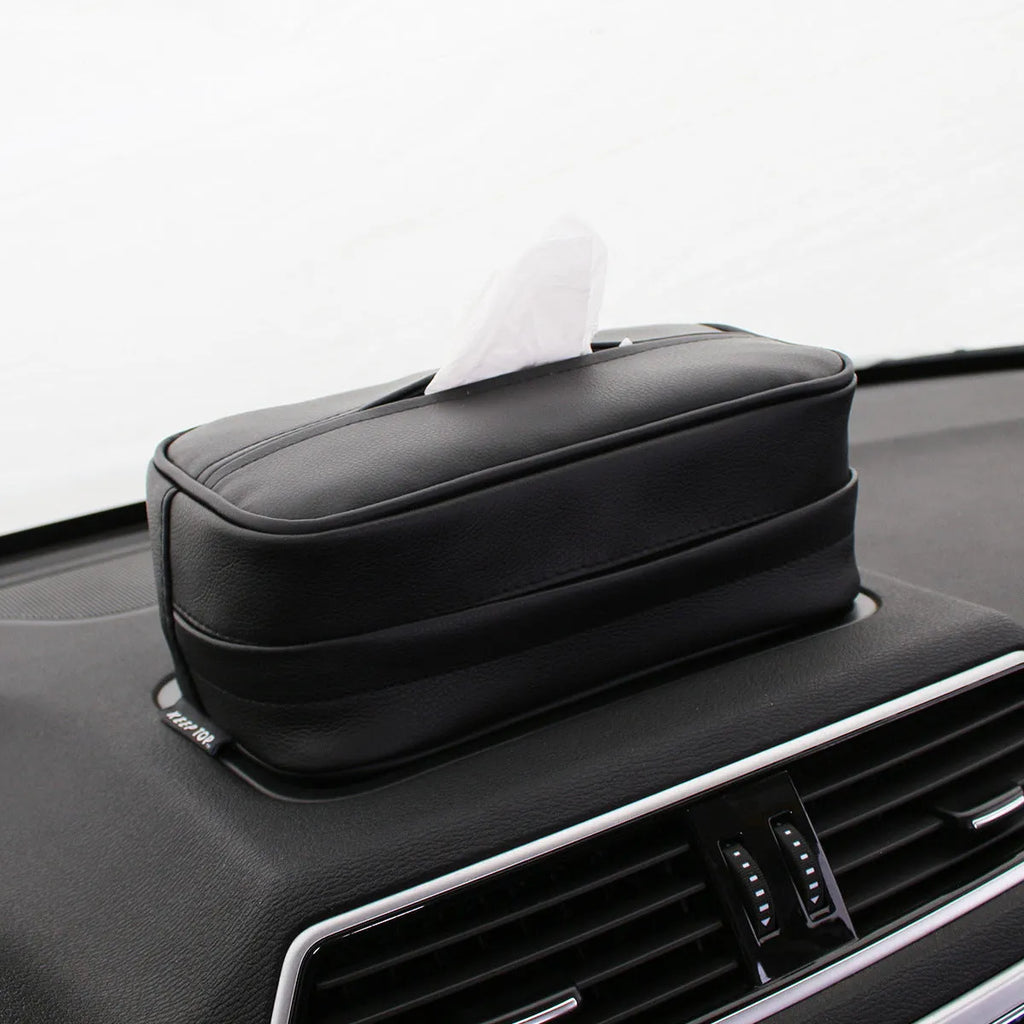 Black leather hanging storage box with a zip and PU strap, shown next to a beige medium sized box.