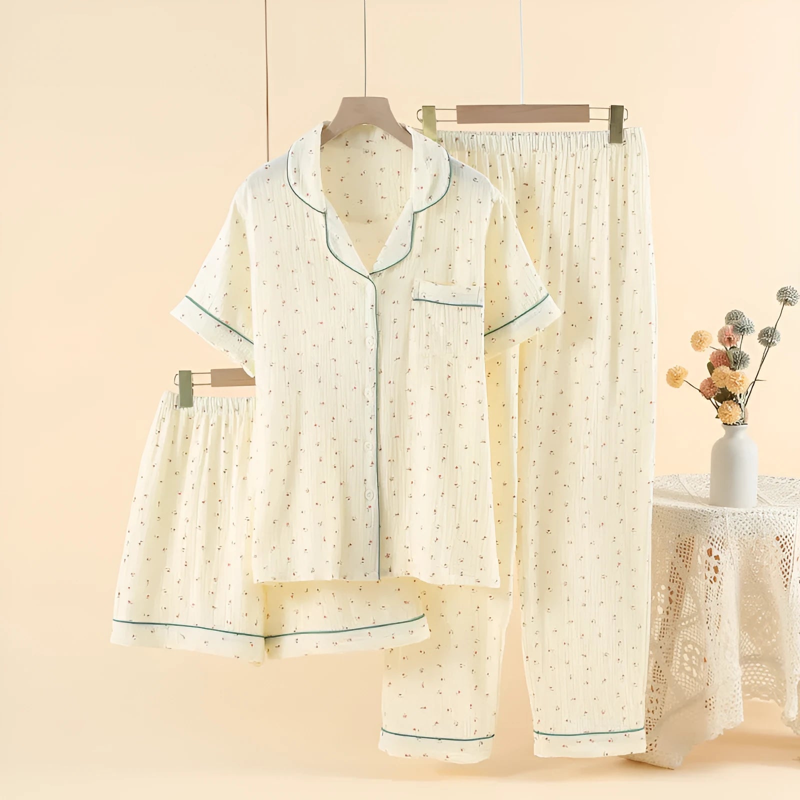 Women's cotton three-piece pajama set with lapel top and trousers in pastoral curcuma colour