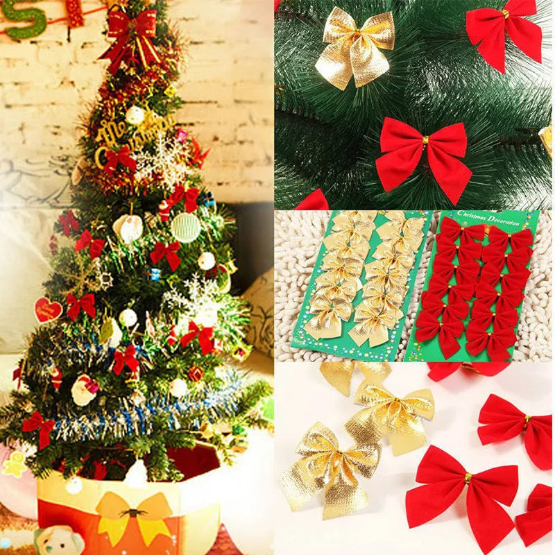 A 5 cm wide red and gold polyester Christmas decoration bow.