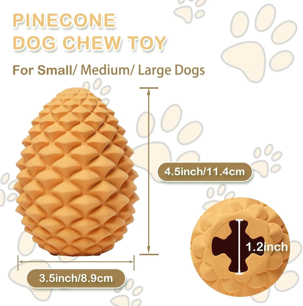 Yellow pine cone-shaped natural rubber dog toy with textured surface and treat dispenser hole.
