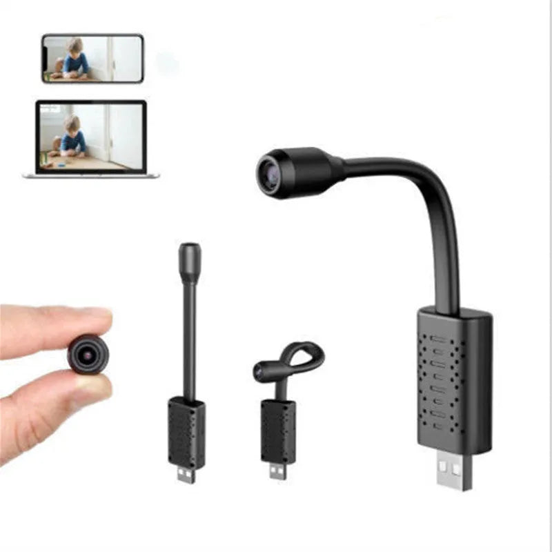 Black V380 wireless USB camera showing compact design and USB connection port.