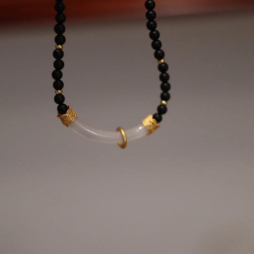 Natural frosted black agate and white chalcedony necklace with 925 silver Chinese-style pendant on ball bead chain