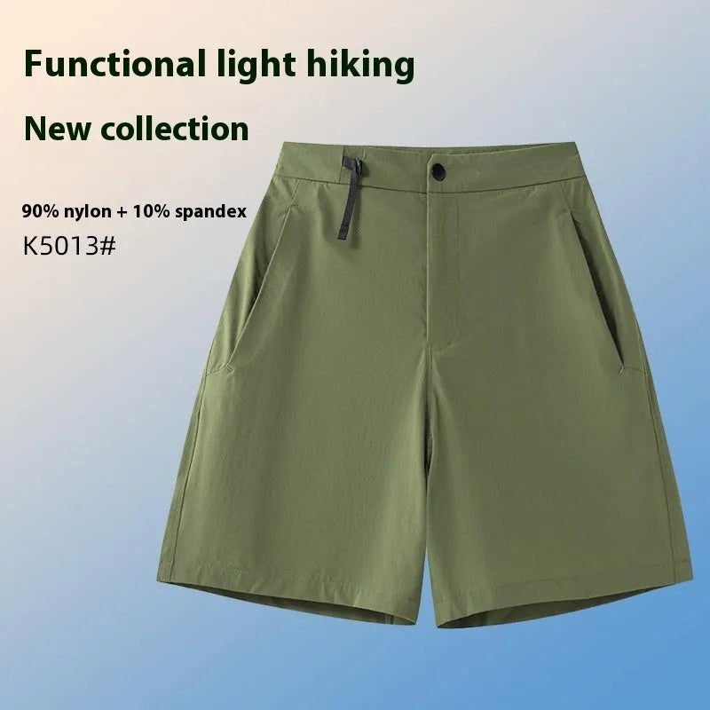 Man wearing khaki quick-drying sports shorts with a 3D cut, suitable for running.