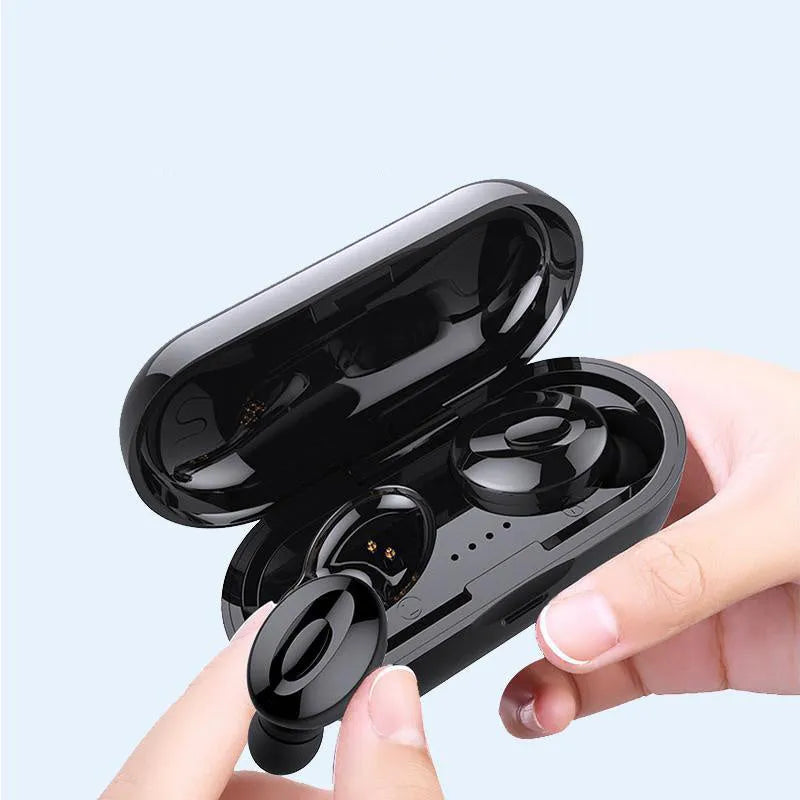 Black wireless sports headphones with Bluetooth 5.0 and earplug design