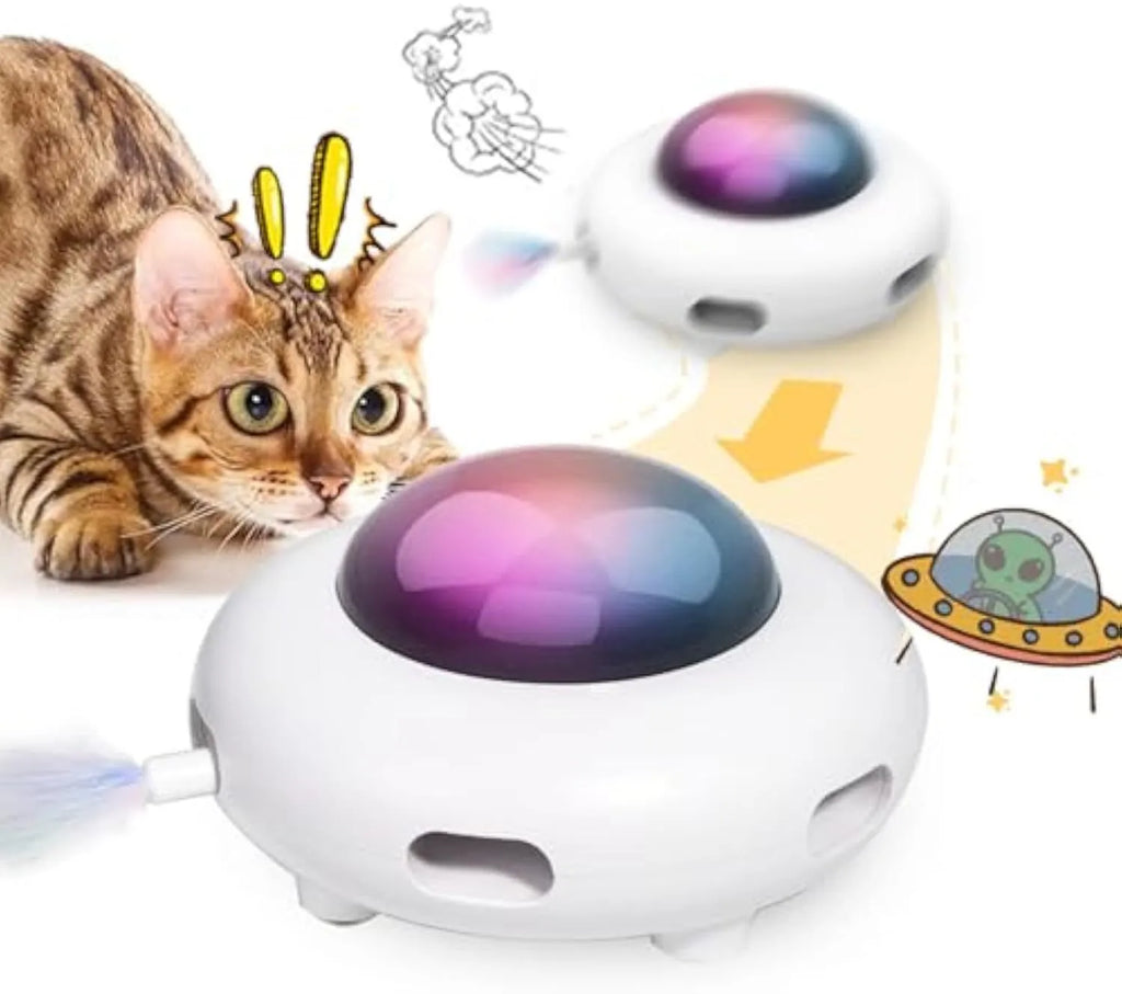 White automatic cat toy with colourful feathers and LED lights for indoor feline entertainment