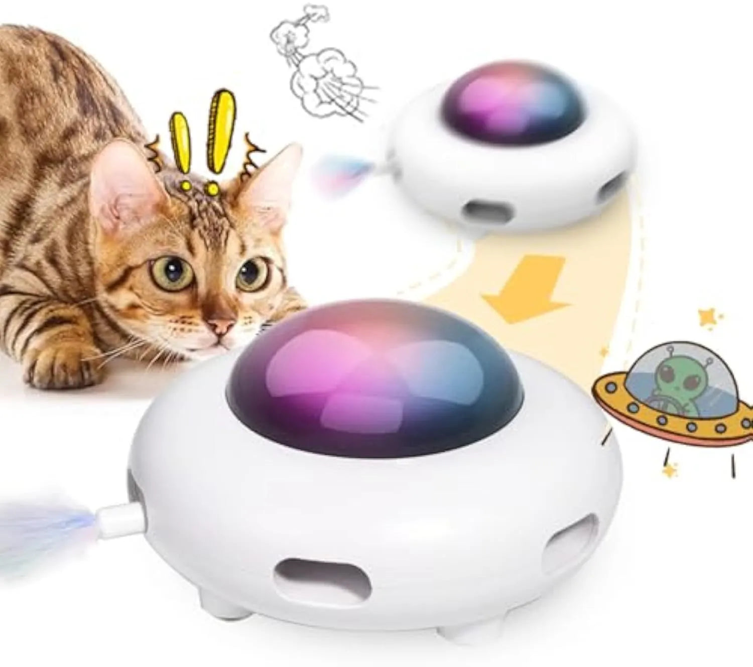 White automatic cat toy with colourful feathers and LED lights for indoor feline entertainment