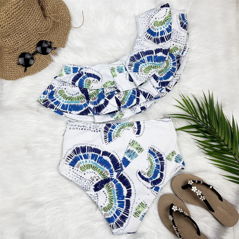 White one-shoulder women's swimsuit with a double-layer lotus leaf split skirt.