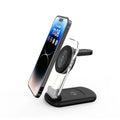Transparent folding magnetic three-in-one wireless charger in black, showing fast charge QC3.0 and 18W output details.