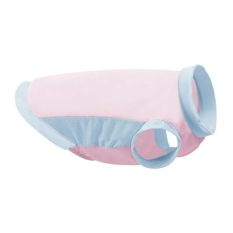 Pet ice silk sun protection vest in cherry blossom pink on a small dog, unisex cooling clothing