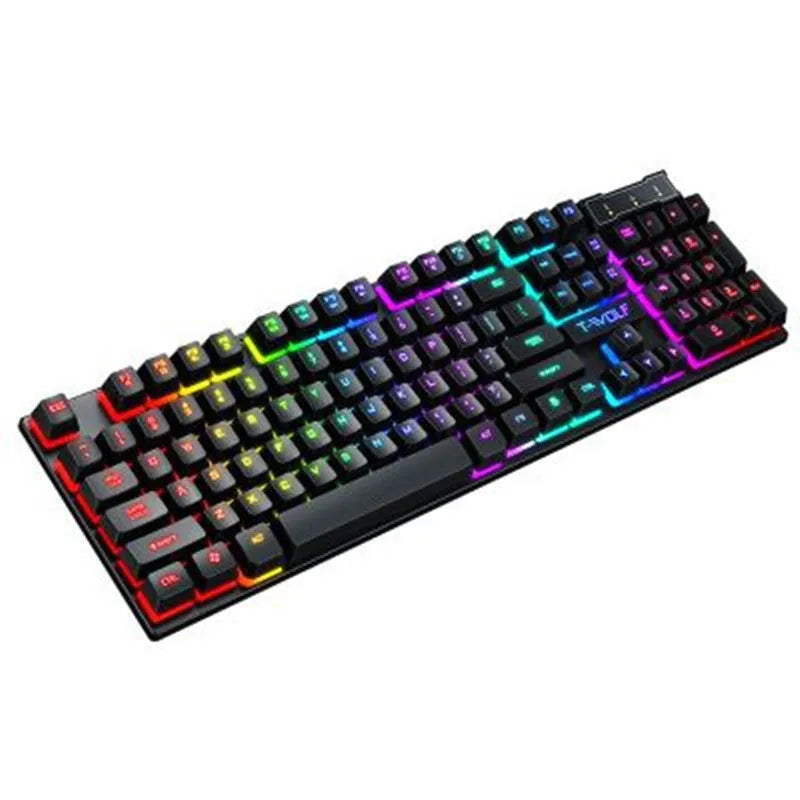 USB wired gaming keyboard with floating keycaps and colourful backlight showing multimedia shortcut keys