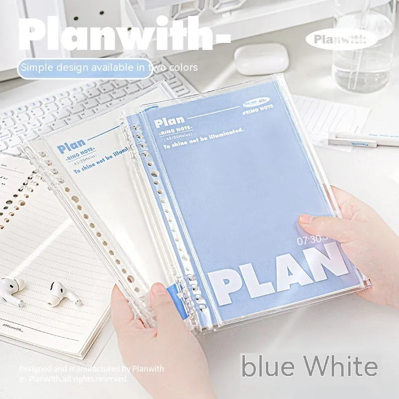 Blue and white A5 PVC notebook storage can for loose spiral papers, showing dimensions 148mm x 210mm.