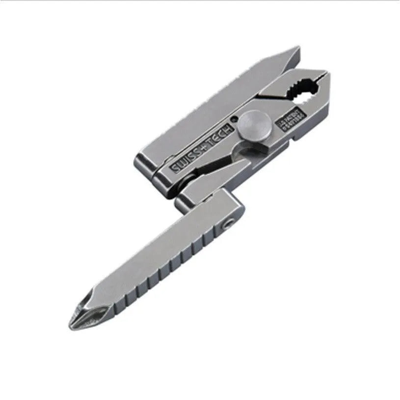 Silver multifunctional mini pliers in 420 stainless steel, closed length 47mm, expanded 82mm, on a plain background.