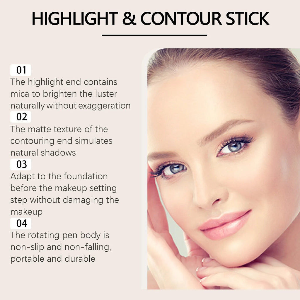 Dual-ended cream highlight and contour makeup stick in three shade styles