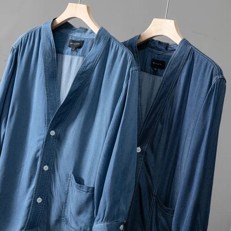 Men's dark blue casual coat with three-quarter sleeves and V-neck collar
