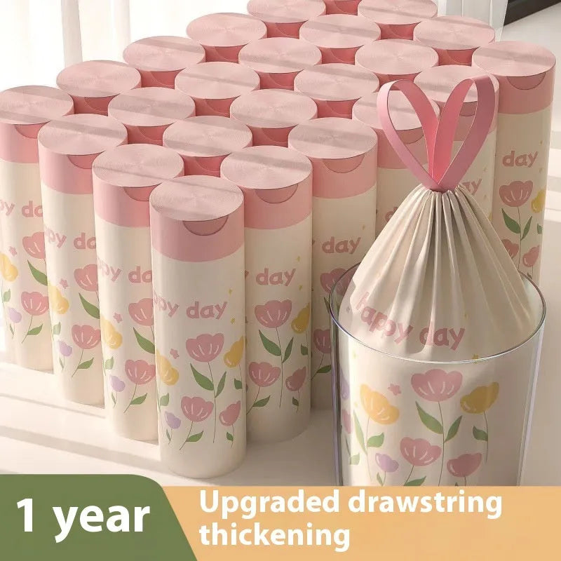 Pink degradable argy wormwood mosquito repellent garbage bags with bold drawstring.