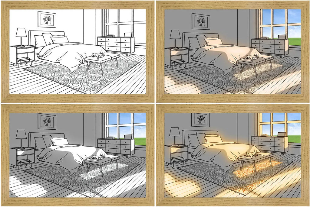 LED illuminated decorative picture showing scenic artwork with adjustable lighting in wooden frame