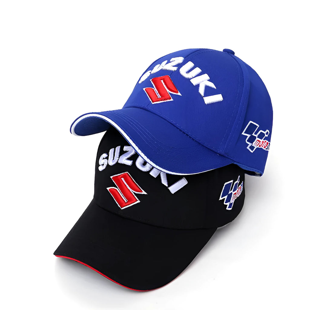 Embroidered cotton motorcycle baseball cap in black, front view, showing embroidered motif on crown