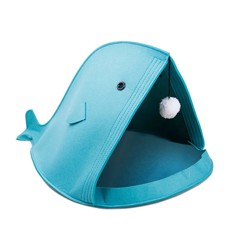 Foldable felt pet nest in blue, size 40x40x50cm, made from non-woven felt, tear resistant and washable