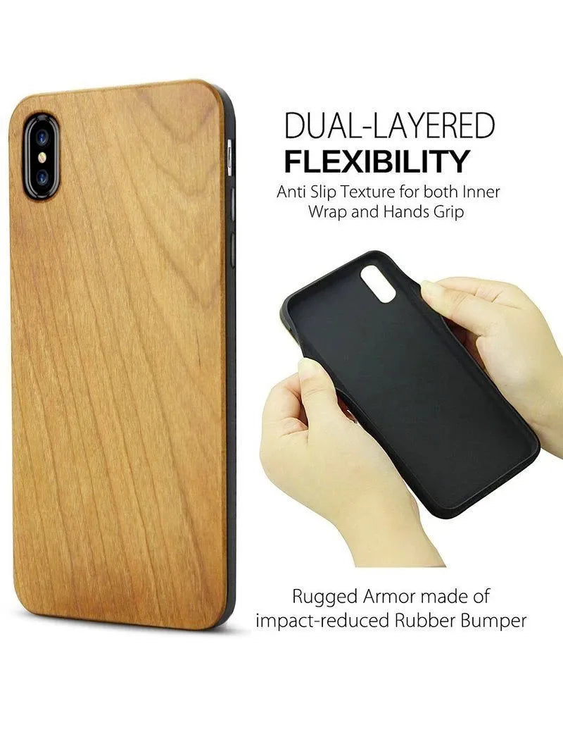 Wooden iPhone case with laser-carved cartoon animal design and TPU bumper in rosewood colour.