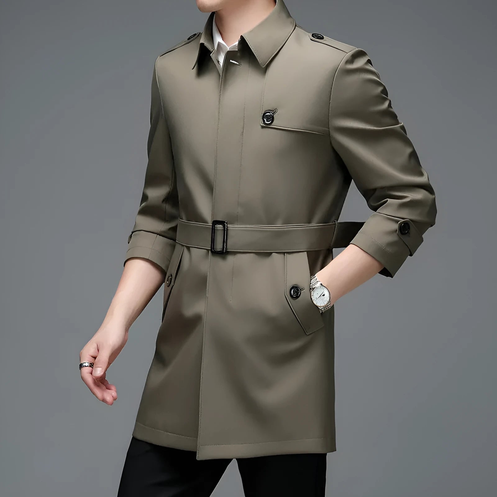Men's mid-length lapel trench coat in black, shown on a hanger, lightweight chemical fibre blend fabric