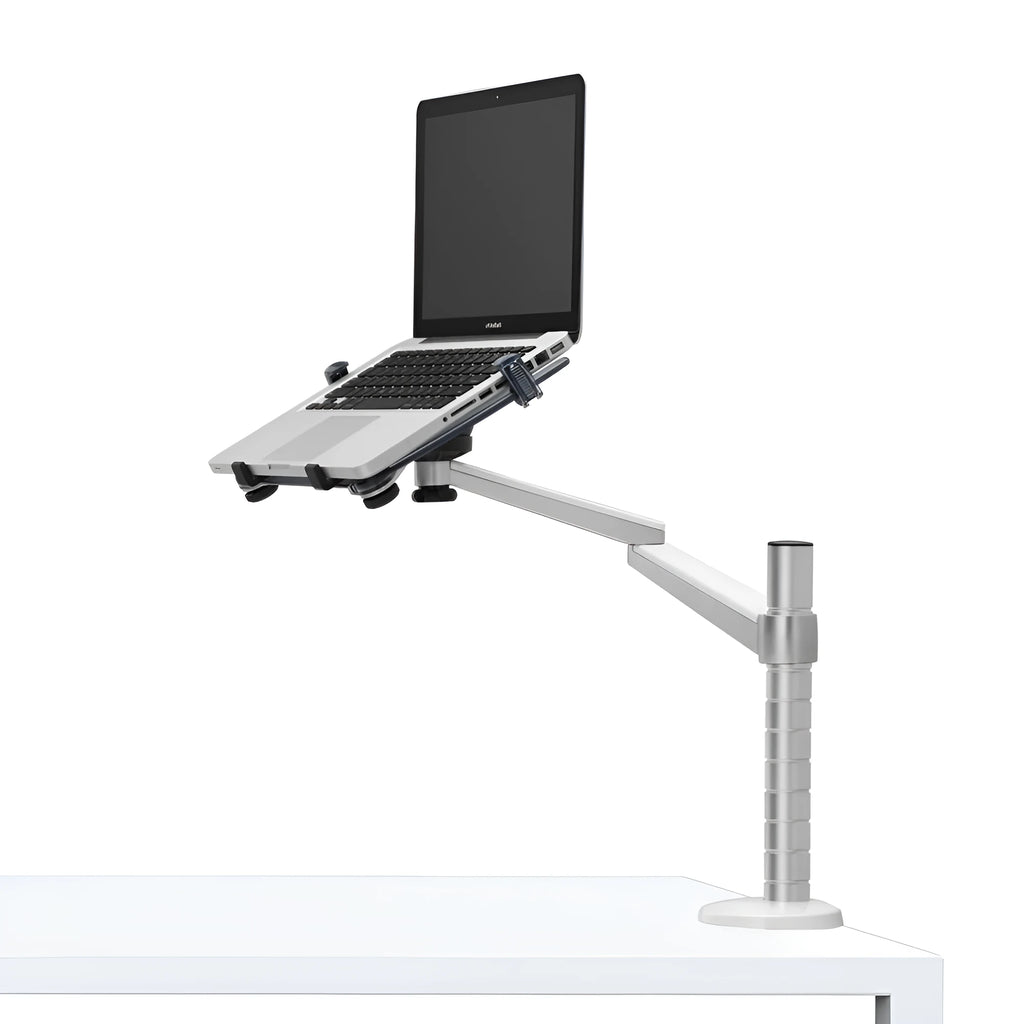 Silver aluminium alloy double-arm laptop stand with 7kg capacity for 10-15 inch notebooks