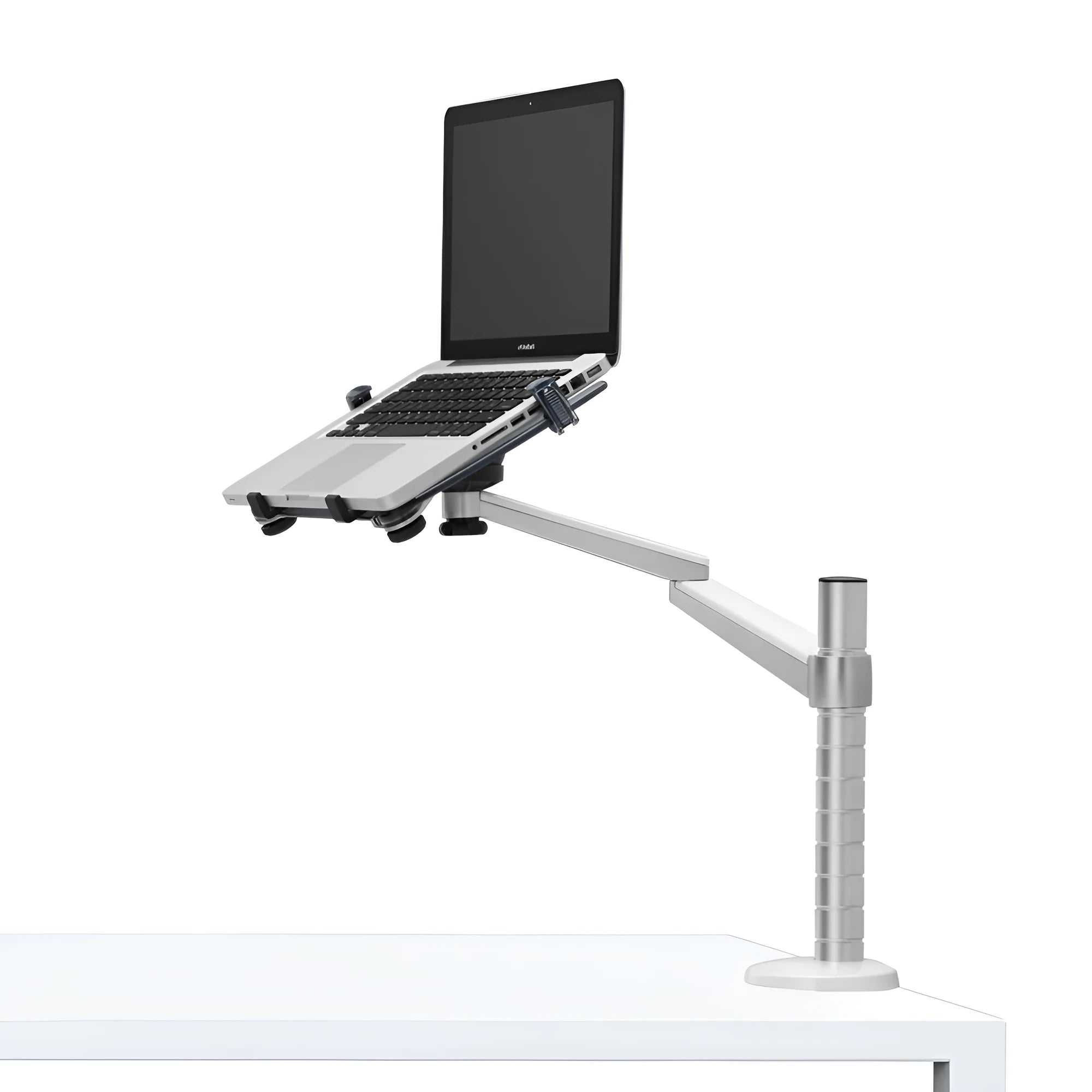 Silver aluminium alloy double-arm laptop stand with 7kg capacity for 10-15 inch notebooks