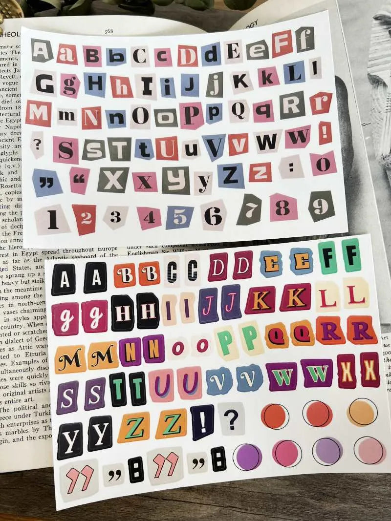 English letters and numbers symbol label sticker sheet with alphabet sets and week words in cute printed design