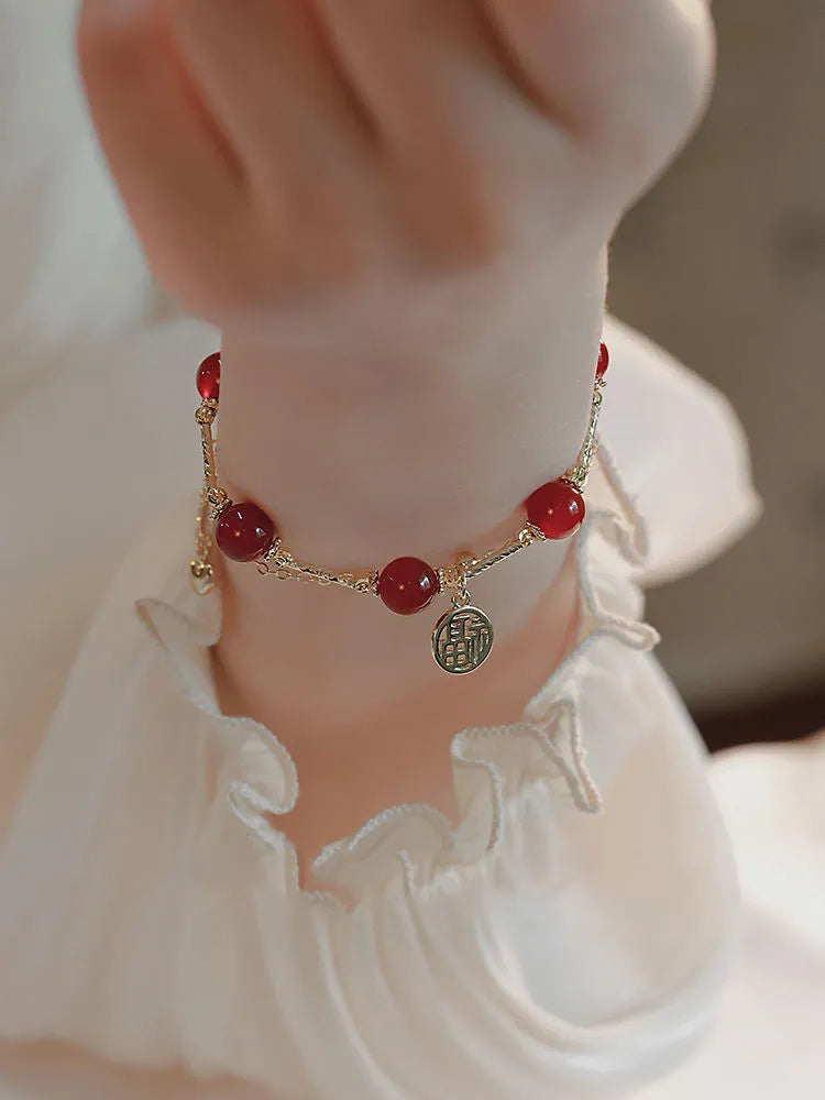 Women's double-layer bracelet with red agate stone and Hongma blessing card charm on adjustable electroplated alloy