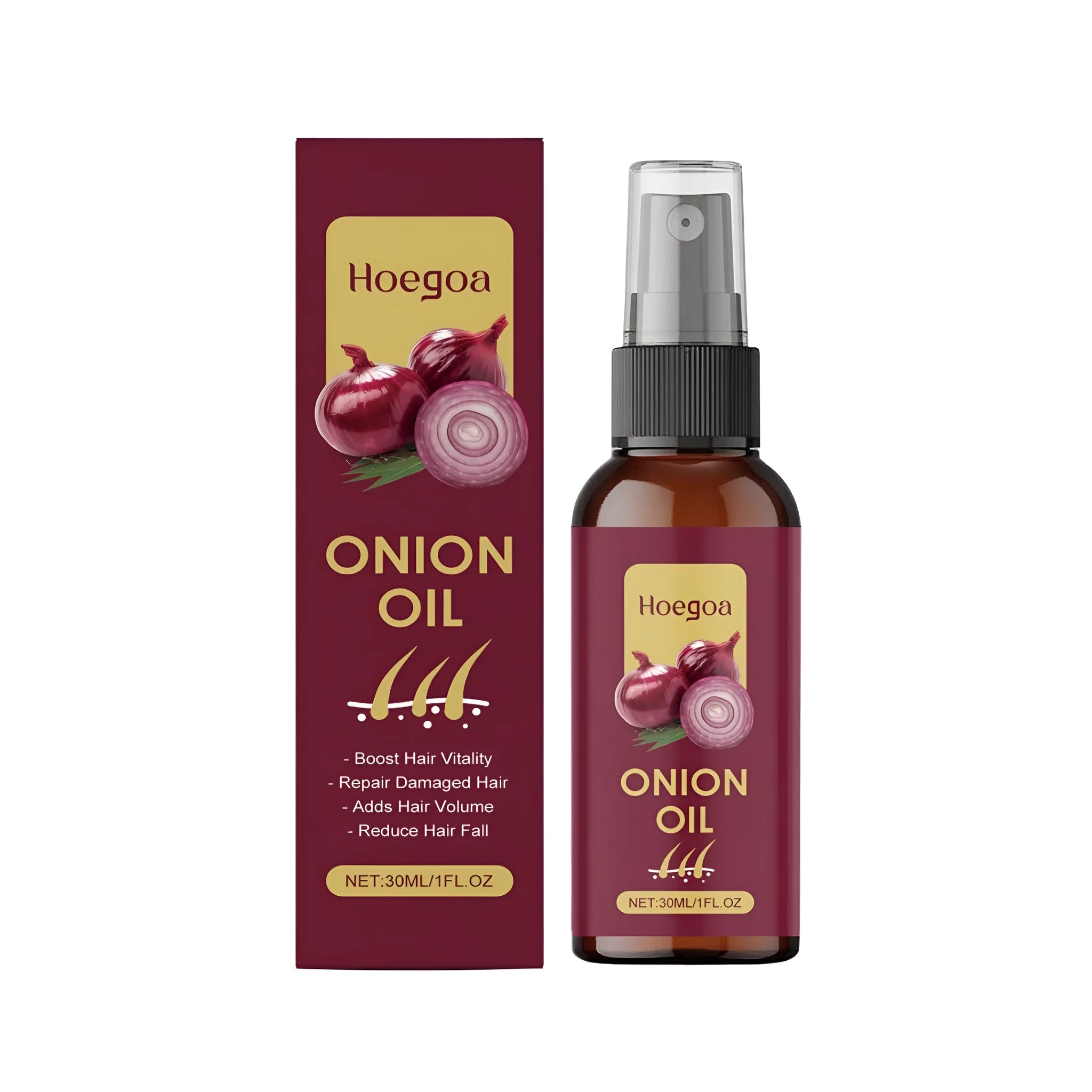30ml bottle of hair tonic oil with onion, ginger, rosemary and vitamin E.