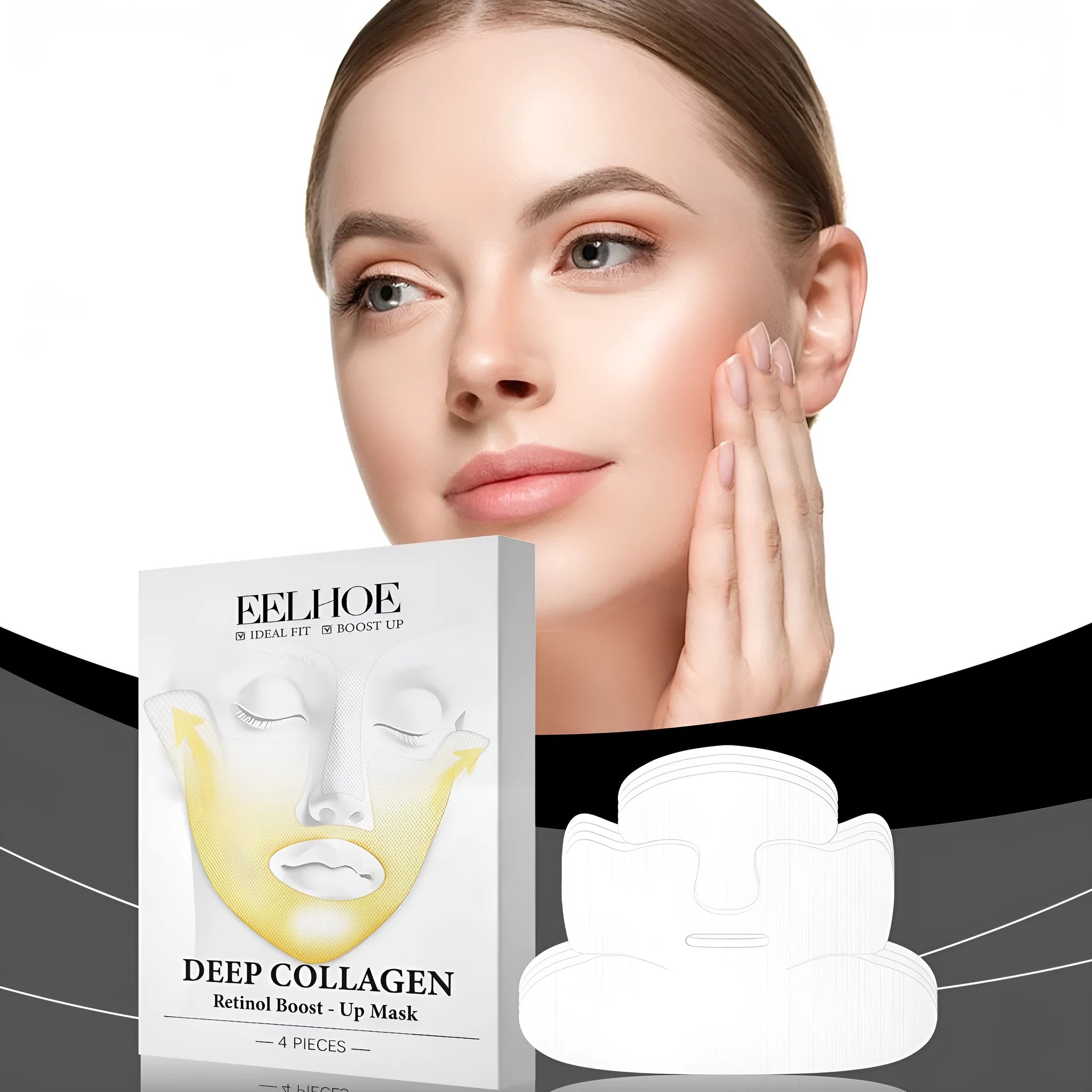 Pack of four collagen tightening facial mask sheets showing one unfolded sheet.