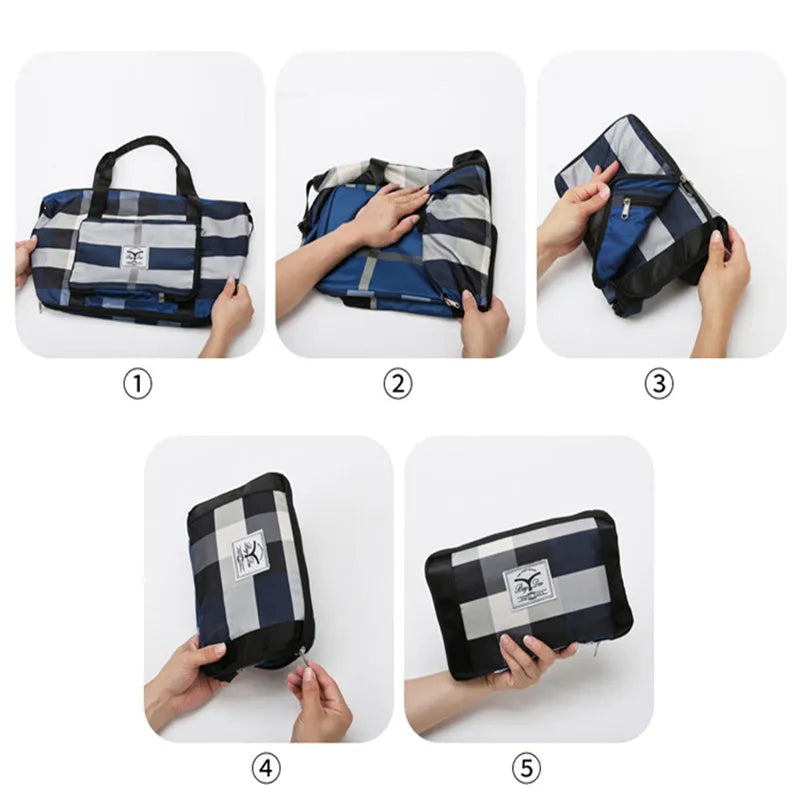 Foldable travel duffel bag in black with waterproof Oxford cloth, 20-35L capacity, and dry wet separation feature