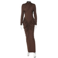 Women's solid colour high neck long sleeve ruffle back bodycon dress in black, front view