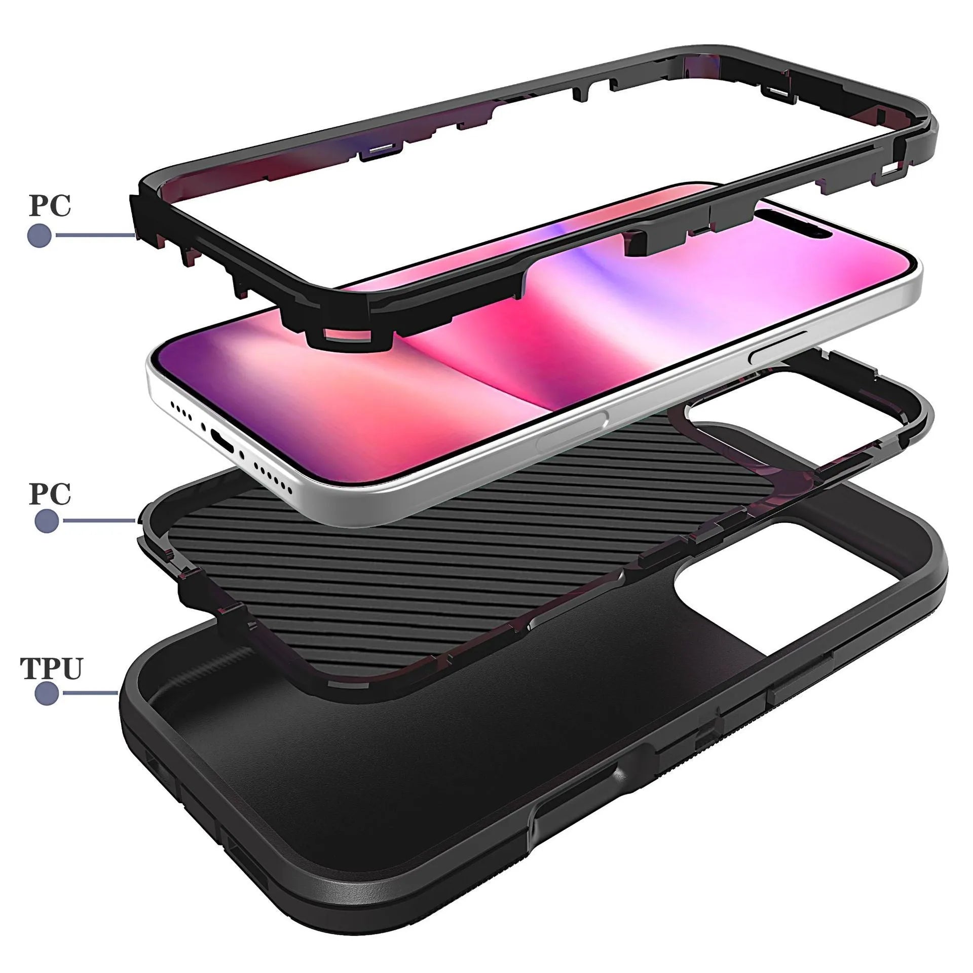 Three-in-one solid colour drop-resistant hard shell phone case for Apple iPhone with PC TPU material and airbag corners