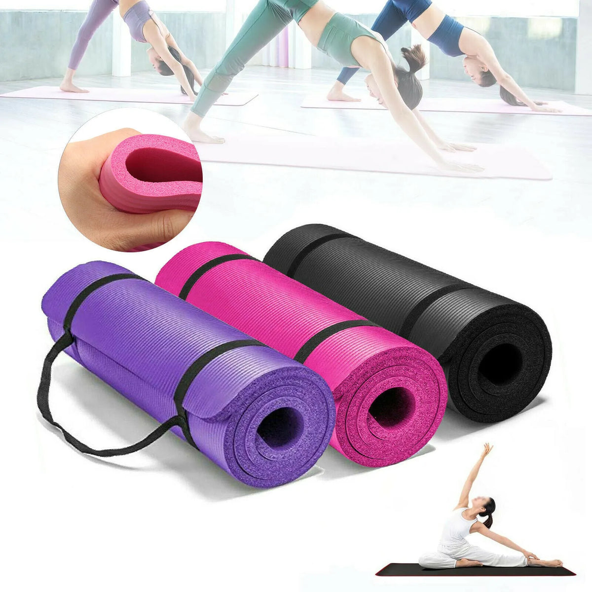 Widened non-slip NBR yoga mat, 183cm x 61cm, 10mm thick, in black, pink or purple