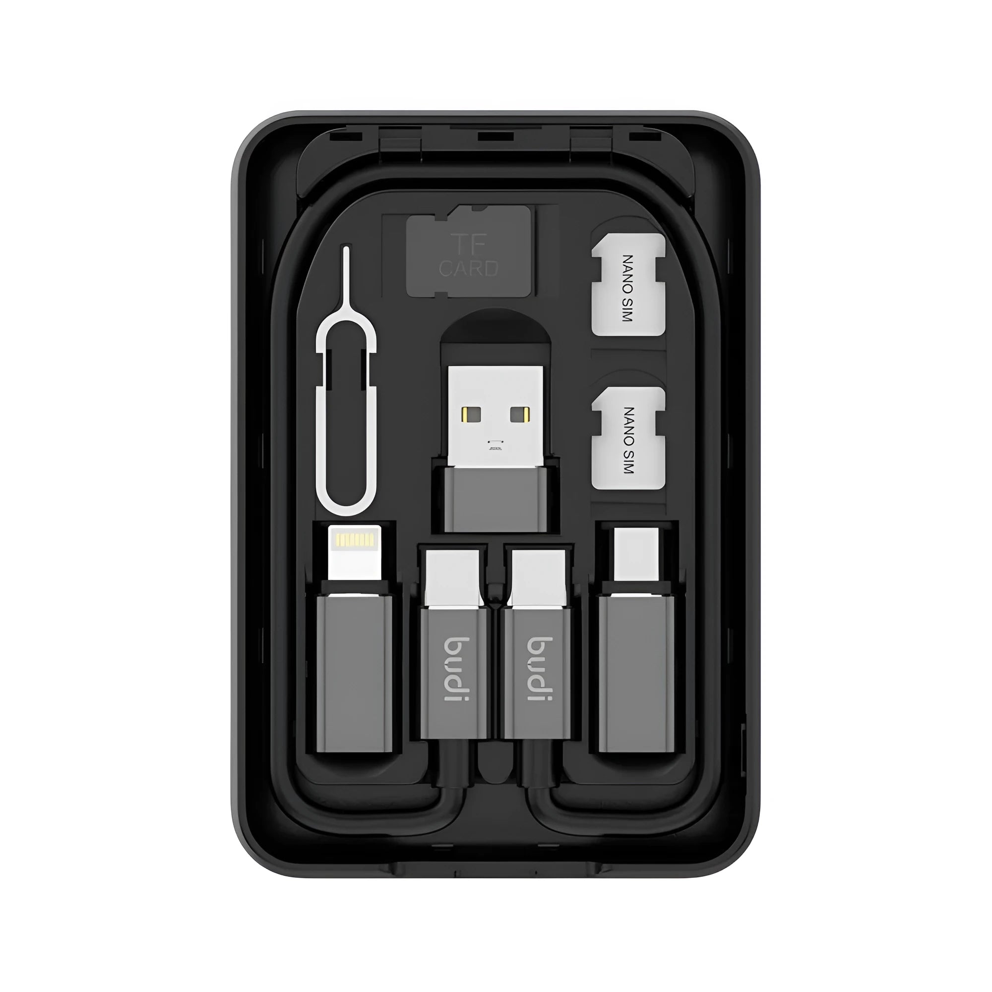 Black budi multi-functional power bank with cables and SIM kit on a table