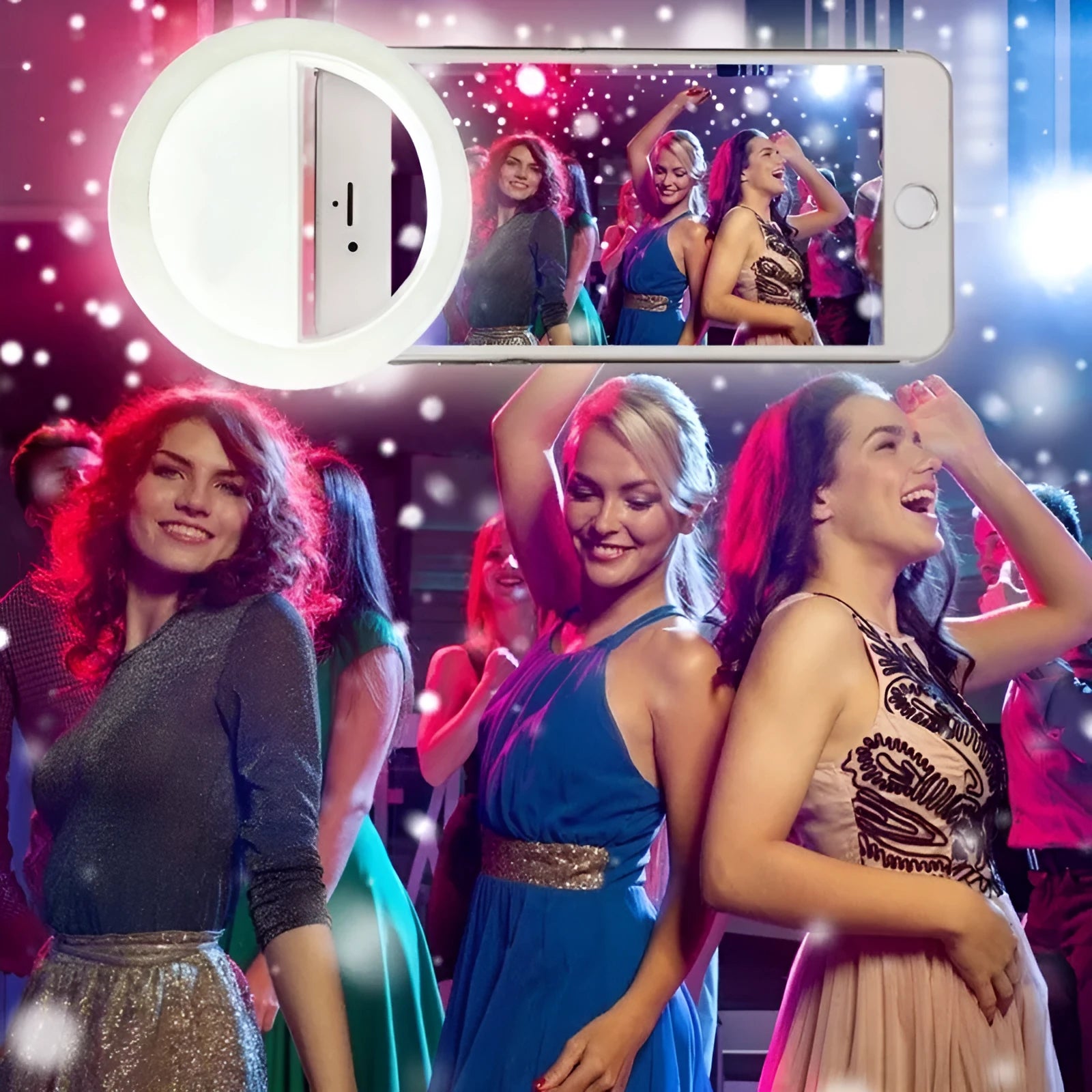 Green clip-on selfie ring light attached to mobile phone showing LED bulbs around camera