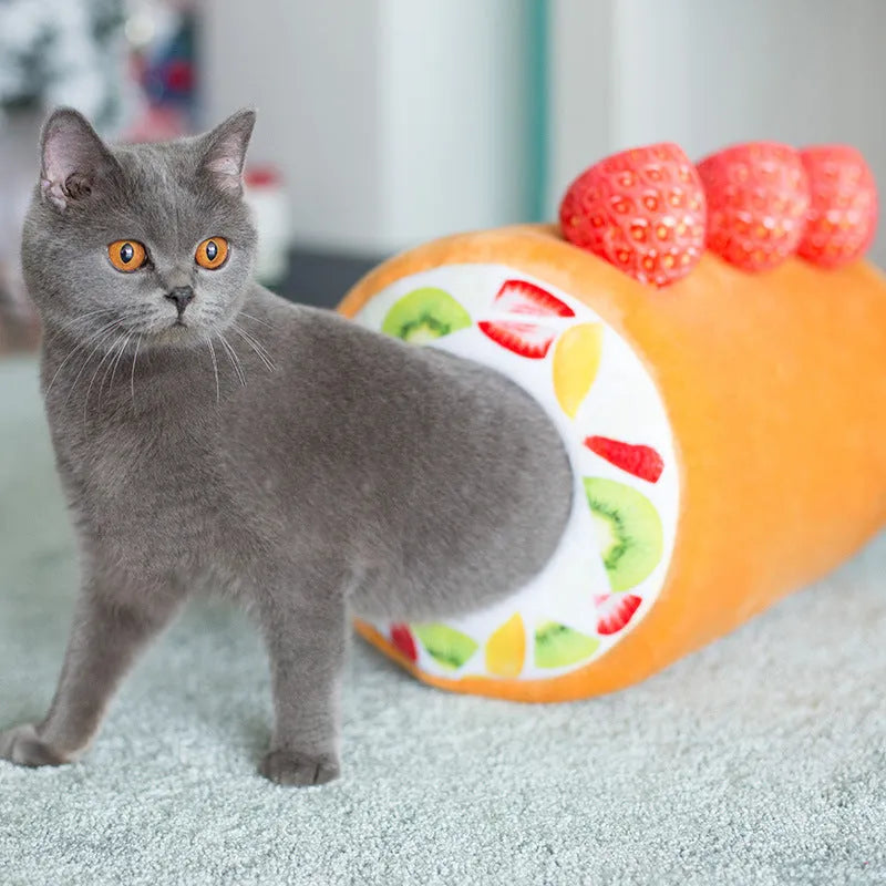 Yellow plush cake roll cat litter toy 40cm height with sponge filling on a white background