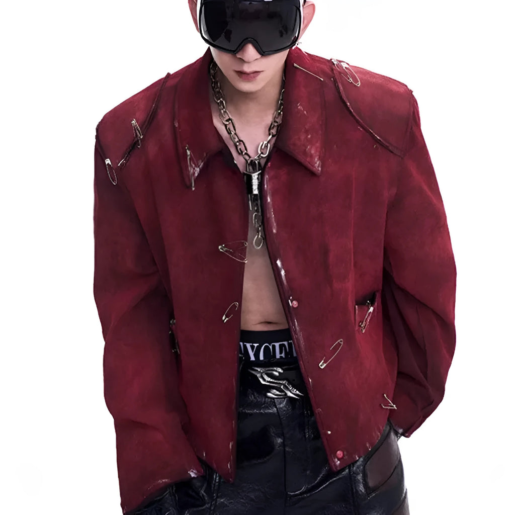 Men's red quilted jacket with decorative flocking pins and lapel collar