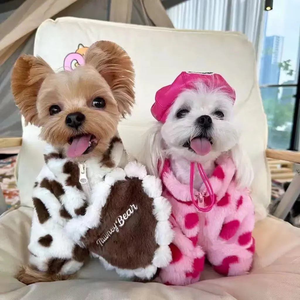 Small dog wearing pink polyester plush warm coat with British-style design