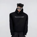 A loose red men's hooded sweater with heavy shoulder pads and metallic silver printing on the front.