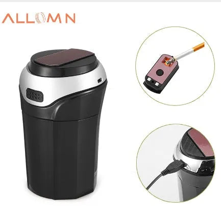 Black and silver car ashtray with blue LED light lid and stainless steel cigarette slot in a cup holder