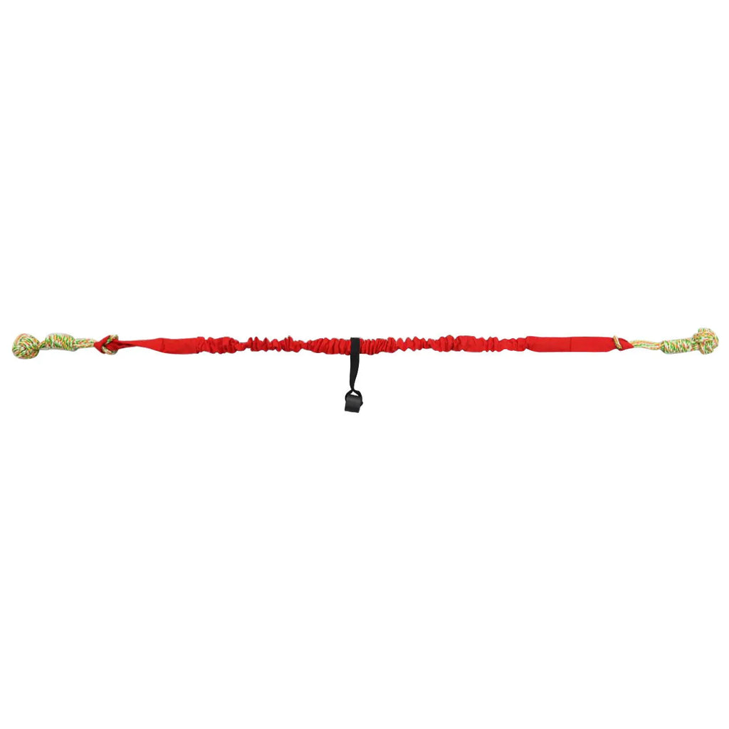 A woven cotton rope dog toy for tug of war and chewing, shown in red.