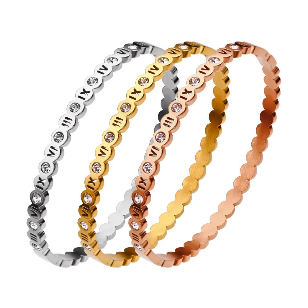 Titanium steel Korean style bracelet with numbers design in gold, rose gold or steel colour finish