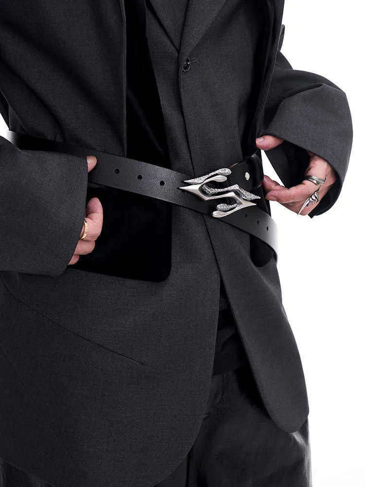 Black men's leather belt with metal letter detail, showing buckle and 110cm length.